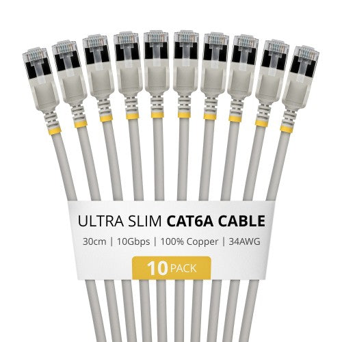 StarTech.com 30cm Gray Ultra Slim Cat6A Ethernet Cable, 10 Pack, Snagless, FTP, Pure Bare Copper Wire, 34AWG Ultra Slim RJ45 Network Patch Cord, Individually Tested