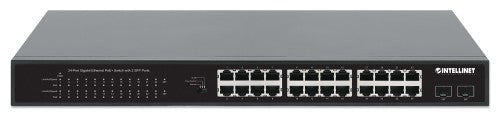 Intellinet 24-Port Gigabit Ethernet PoE+ Switch with 2 SFP Ports IEEE 802.3at/af (PoE+/PoE) Compliant, PoE Power Budget of 370 W, Two 1G SFP Open Slots, 19" Rackmount (with UK power cord)