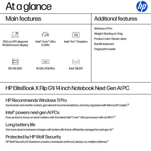 HP EliteBook X Flip G1i Next Gen AI PC Copilot+ PC Intel Core Ultra 5 226V Hybrid (2-in-1) 35.6 cm (14") Touchscreen WUXGA 16 GB LPDDR5x-SDRAM 512 GB SSD Wi-Fi 7 (802.11be) Windows 11 Pro Silver