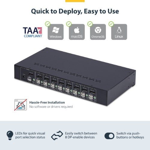 StarTech.com 8-Port DisplayPort KVM Switch with 1U Rack Mount Kit, 4K 60Hz DP 1.2, Push-Button & Hotkey Switching, 4-Port USB Hub, OS Independent, TAA Compliant