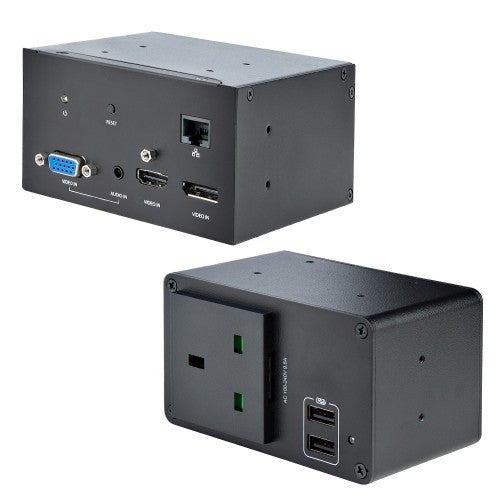 StarTech.com Conference Table Box for AV Connectivity & Power/Charging - 4K HDMI output with HDMI, DP, & VGA Inputs, GbE, Audio - Charging Station w/ 2x USB-A & 1x CE Certified UK Plug