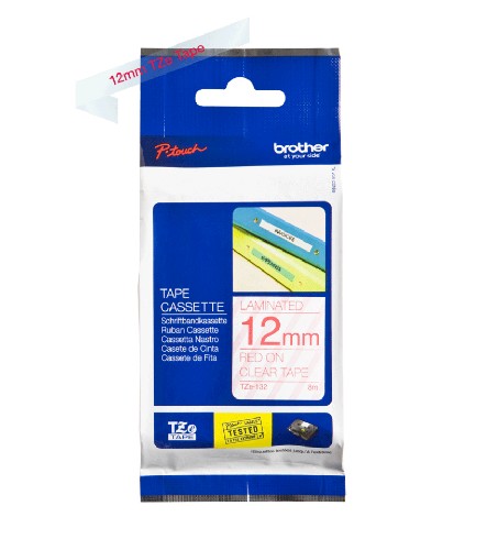 Brother TZE-132 DirectLabel red on Transparent Laminat 12mm x 8m for Brother P-Touch TZ 3.5-18mm/6-12mm/6-18mm/6-24mm/6-36mm