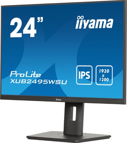 iiyama ProLite 24” 3-side borderless monitor featuring IPS (In-Plane-Switching) panel with a 16:10 aspect ratio and height-adjustable stand