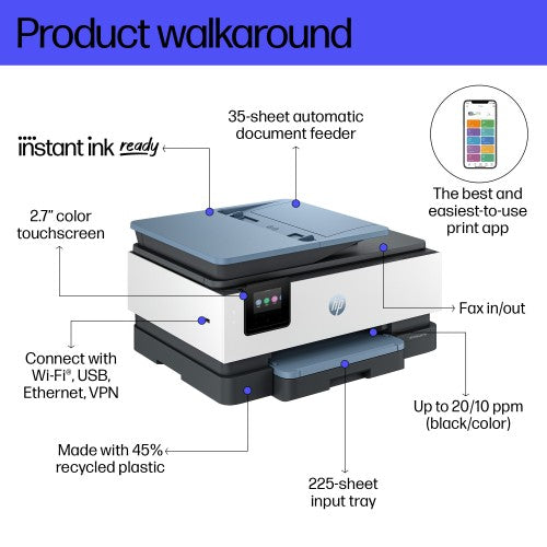 HP OfficeJet Pro 8135e Wireless All-in-One Color Printer, Instant Ink; Two-sided printing