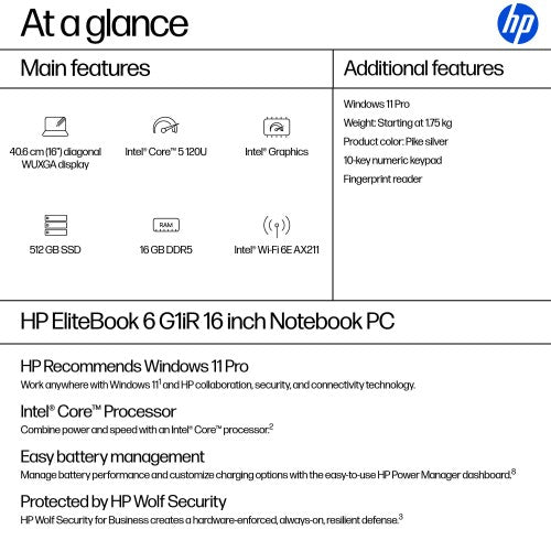 HP EliteBook 6 G1iR Intel Core 5 120U Laptop 40.6 cm (16") WUXGA 16 GB DDR5-SDRAM 512 GB SSD Wi-Fi 6E (802.11ax) Windows 11 Pro Silver