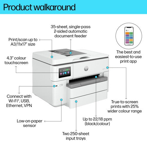 HP OfficeJet Pro 9730e Wireless All-in-One Color Printer, Instant Ink; Two-sided printing