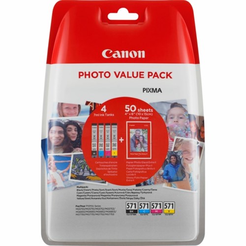 Canon 0386C009/CLI-571 Ink cartridge multi pack Bk,C,M,Y + Photopaper 10x15cm 50 sheet Blister with security 7ml Pack=4 for Canon Pixma MG 5750/7750