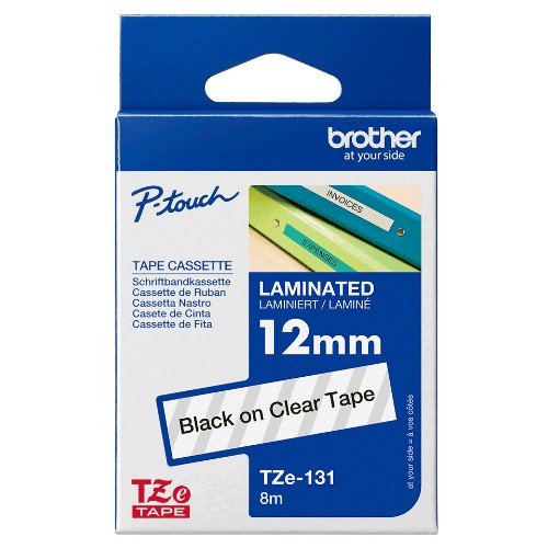 Brother TZE-131 DirectLabel black on Transparent Laminat 12mm x 8m for Brother P-Touch TZ 3.5-18mm/6-12mm/6-18mm/6-24mm/6-36mm
