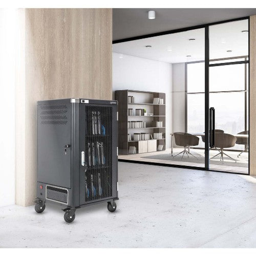 Manhattan Laptop Charging Cart/Trolley via AC Adapter (UK) x30 Bay, Install device's AC Adapter (power cables) into unit, Suitable for ALL laptops (to 15.6"), iPads, MacBooks, Chromebooks, other USB-C devices, Bays 380x30x280mm, Cabinet, Lockable
