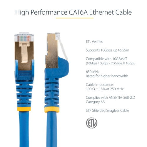 StarTech.com 2m CAT6a Ethernet Cable - 10 Gigabit Shielded Snagless RJ45 100W PoE Patch Cord - 10GbE STP Network Cable w/Strain Relief - Blue Individually Tested/Wiring is UL Certified/TIA