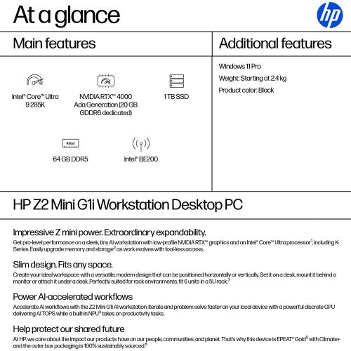 HP Z2 Mini G1i Intel Core Ultra 9 285K 64 GB DDR5-SDRAM 1 TB SSD NVIDIA RTX 4000 Ada Windows 11 Pro Mini PC Workstation AI Workstation, AI PC Black