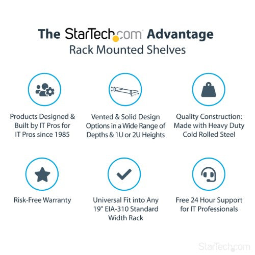StarTech.com 2U Server Rack Shelf - Universal Rack Mount Cantilever Shelf for 19" Network Equipment Rack & Cabinet - Heavy Duty Steel – Weight Capacity 50lb/23kg - 22" Deep Tray, Black - TAA