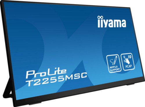 iiyama ProLite 21.5” Optical Bonded PCAP 10pt touchscreen monitor with IPS panel technology, edge-to-edge glass, anti-fingerprint coating, active stylus support (MPP 2.0) and a flexible stand