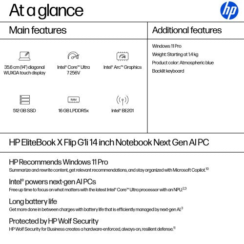 HP EliteBook X Flip G1i Next Gen AI PC Copilot+ PC Intel Core Ultra 7 256V Hybrid (2-in-1) 35.6 cm (14") Touchscreen WUXGA 16 GB LPDDR5x-SDRAM 512 GB SSD Wi-Fi 7 (802.11be) Windows 11 Pro Blue