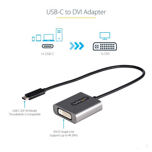 StarTech.com USB C to DVI Adapter - 1920x1200p USB-C to DVI-D Adapter Dongle - USB Type C to DVI Display/Monitor - Video Converter - Thunderbolt 3 Compatible - 12" Long Attached Cable - Upgraded Version of CDP2DVI