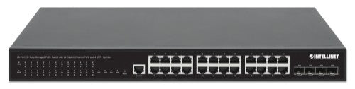 Intellinet 28-Port L2+ Fully Managed PoE+ Switch with 24 Gigabit Ethernet Ports and 4 SFP+ Uplinks IEEE 802.3at/af (PoE+/PoE) Compliant, 370 W PoE Power Budget, Layer 2+/Layer 3 Lite, Four 10G SFP+ Open Slots, Self-Healing Network, 19" Rackmount (with UK