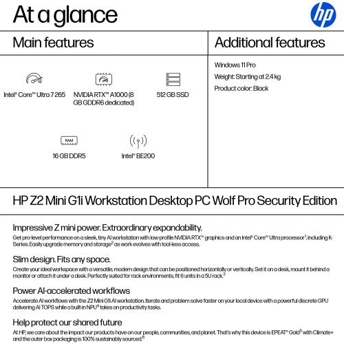HP Z2 G1i Wolf Pro Security Edition Intel Core Ultra 7 265 16 GB DDR5-SDRAM 512 GB SSD NVIDIA RTX A1000 Windows 11 Pro Mini PC Workstation AI Workstation, AI PC Black