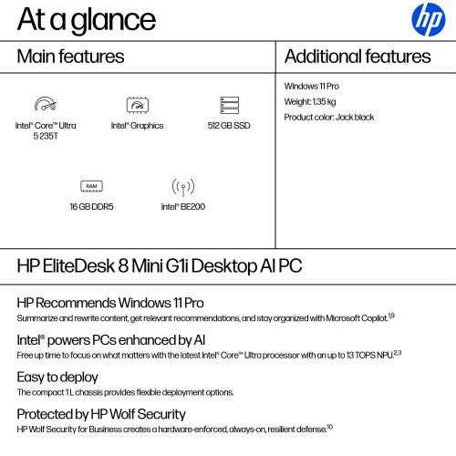 HP EliteDesk 8 Mini G1i Intel Core Ultra 5 235T 16 GB DDR5-SDRAM 512 GB SSD Windows 11 Pro Mini PC AI PC Black