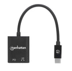 Manhattan USB-C to USB-C Audio Adapter and USB-C (inc Power Delivery), Black, 480 Mbps (USB 2.0), Cable 11cm, With Power Delivery to USB-C Port (60W), Three Year Warranty