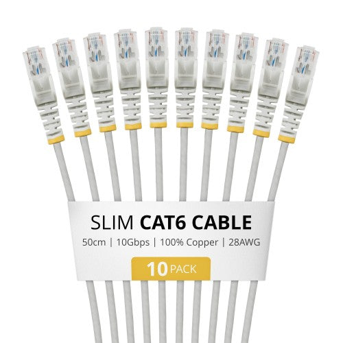 StarTech.com 50cm Gray Slim CAT6 Cable, 10 Pack, Snagless, 100W PoE, UTP, LSZH, 28AWG Pure Bare Copper Wire, Slim RJ45 Network Patch Cord w/Strain Reliefs, Individually Tested