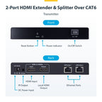 StarTech.com 2-Port HDMI Extender and Splitter Over CAT6, 4K 60Hz, Up to 230ft (70m), 1x2 HDMI over Ethernet Distribution Kit with IR and Power Over Cable