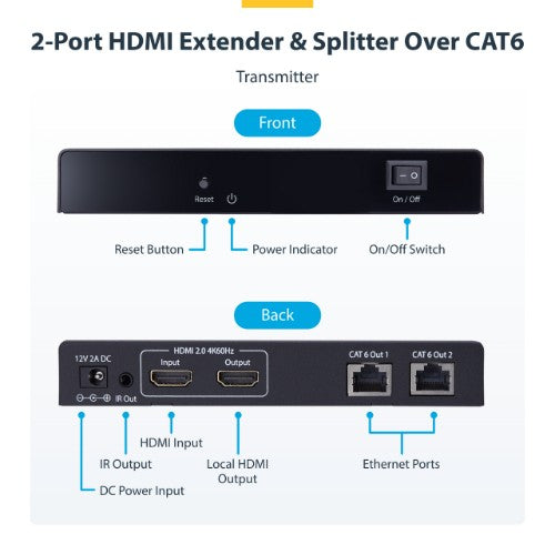 StarTech.com 2-Port HDMI Extender and Splitter Over CAT6, 4K 60Hz, Up to 230ft (70m), 1x2 HDMI over Ethernet Distribution Kit with IR and Power Over Cable