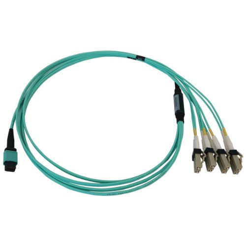 Tripp Lite N844X-01M-8L-P 40/100/400G Multimode 50/125 OM3 Fiber Optic Cable (12F MTP/MPO-PC to 4x Duplex LC/PC F/M), LSZH, Aqua, 1 m (3.3 ft.)