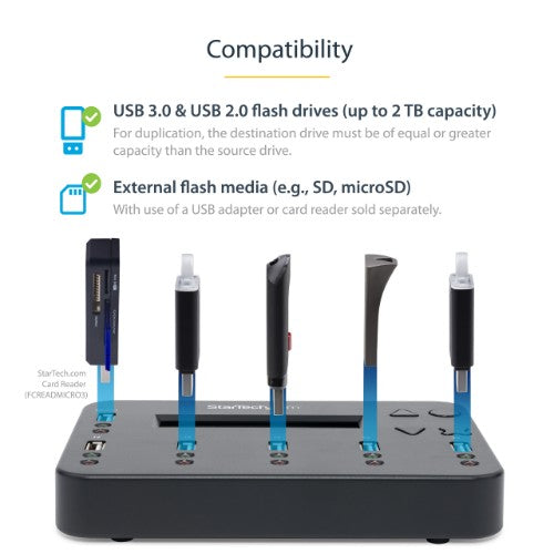 StarTech.com Standalone 1 to 5 USB Thumb Drive Duplicator and Eraser, Multiple USB Flash Drive Copier, System and File and Whole-Drive Copy at1.5 GB/min, Single and 3-Pass Erase, LCD Display - TAA