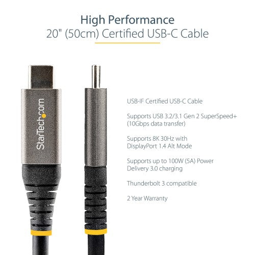 StarTech.com 1.6ft (50cm) USB-C Cable, USB 10Gbps, 100W (5A) Power Delivery, 8K 60Hz / 4K 144Hz DP Alt Mode, Thunderbolt Compatible