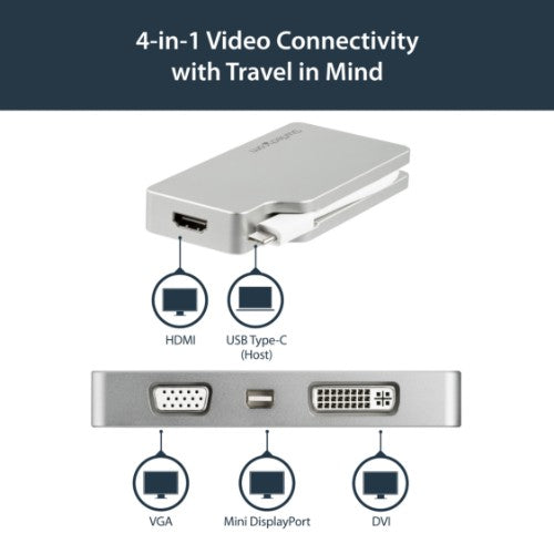 StarTech.com USB C Multiport Video Adapter with HDMI, VGA, Mini DisplayPort or DVI - USB Type C Monitor Adapter to HDMI 1.4 or mDP 1.2 (4K) - VGA or DVI (1080p) - Silver Aluminum