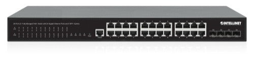 Intellinet 28-Port L2+ Fully Managed PoE+ Switch with 24 Gigabit Ethernet Ports and 4 SFP+ Uplinks IEEE 802.3at/af (PoE+/PoE) Compliant, 370 W PoE Power Budget, Layer 2+/Layer 3 Lite, Four 10G SFP+ Open Slots, Self-Healing Network, 19" Rackmount (with UK