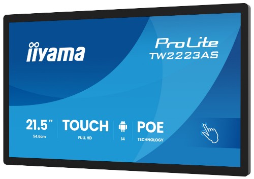 iiyama TW2223AS-B3P Signage Display Interactive flat panel 54.6 cm (21.5") Wi-Fi 450 cd/m² Full HD Black Touchscreen Built-in processor Android 24/7