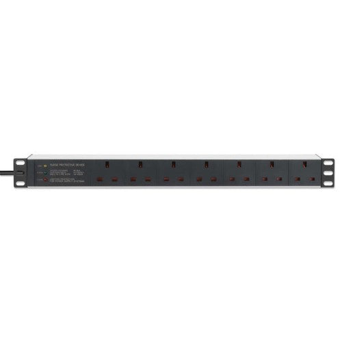 Intellinet 19" 1U PDU 7-way UK, Surge Protection, Rackmount, Power Distribution Unit, UK 3-pin outlets, 3m power cord, output