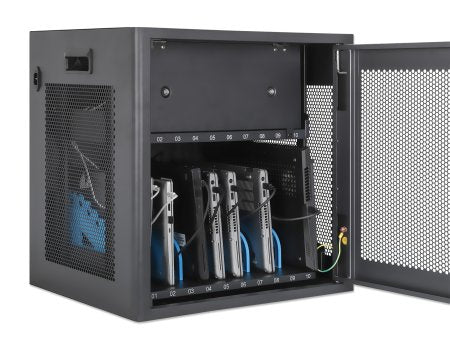 Manhattan Laptop Charging Cabinet Desktop via AC Adapter (UK) x10 Bay, Install device's AC Adapter (power cables) into unit, Suitable for ALL laptops (to 15.6"), iPads, MacBooks, Chromebooks, other USB-C devices, Bays 380x30x280mm, Cart, Lockable
