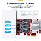 StarTech.com 4-Port USB Type-C PCIe Card, USB 3.2 10Gbps, USB-C PCI Express Expansion Card, 4x Independent USB Controllers, Windows/Linux/macOS, TAA-Compliant