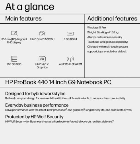 HP ProBook 440 G9 Intel® Core™ i5 i5-1235U Laptop 35.6 cm (14") Full HD 8 GB DDR4-SDRAM 256 GB SSD Wi-Fi 6E (802.11ax) Windows 11 Pro Silver