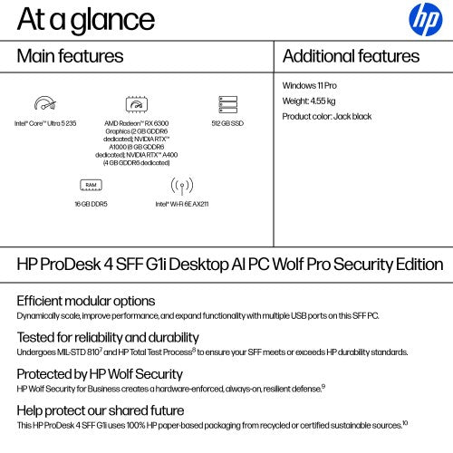 HP ProDesk 4 SFF G1i AI Wolf Pro Security Edition Intel Core Ultra 5 235 16 GB DDR5-SDRAM 512 GB SSD Windows 11 Pro PC AI PC Black