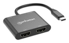 Manhattan USB-C to Dual HDMI & USB-A Adapter, Dual 4K@30Hz or Single 4K@60Hz, Power Delivery 100W, 480 Mbps (USB 2.0), Cable 15cm, Black, Male to Female, Three Year Warranty