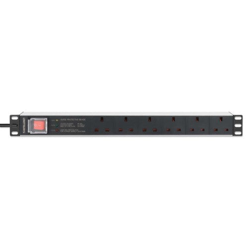 Intellinet 19" 1U PDU 6-way UK, With switch and Surge Protection, Rackmount, Power Distribution Unit, UK 3-pin outlets, 3m power cord, output