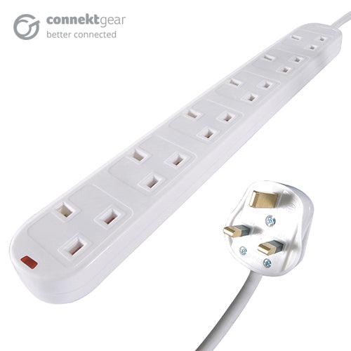 connektgear 5m 6 Way Surge Protected Power Extension Block - UK Plug to 6 x UK Sockets - White