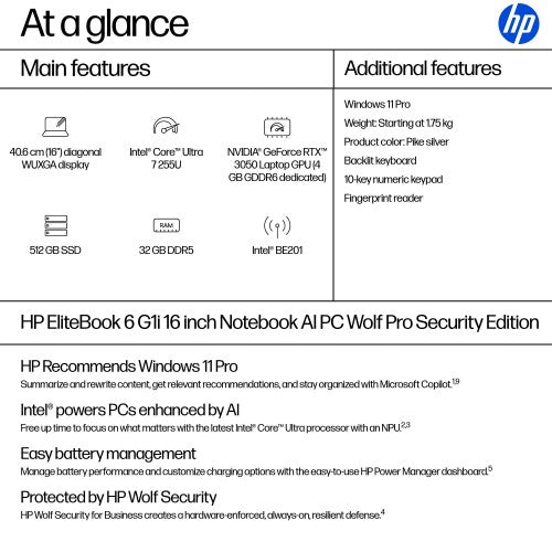 HP EliteBook 6 G1i AI Intel Core Ultra 7 255U Laptop 40.6 cm (16") WUXGA 32 GB DDR5-SDRAM 512 GB SSD Wi-Fi 7 (802.11be) Windows 11 Pro AI PC Silver