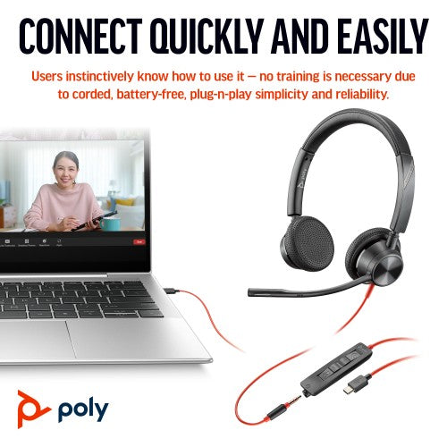 HP Poly Blackwire 3325 Stereo Microsoft Teams Certified USB-C Headset +3.5mm Plug +USB-C/A Adapter