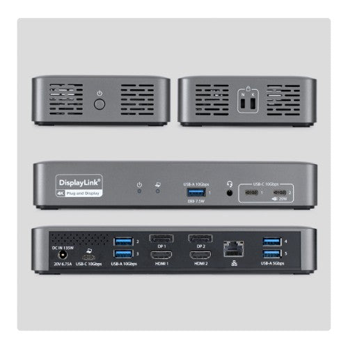 StarTech.com Dual-Monitor USB-C Docking Station, 4K 60Hz, HDMI or DisplayPort, 96W Laptop Charging, Gigabit Ethernet, Universal Smart Dock for Windows and macOS