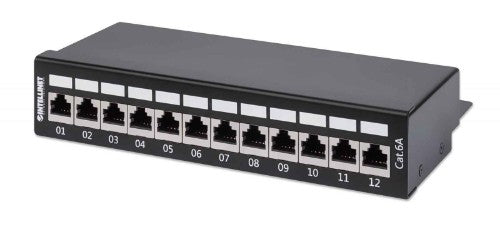 Intellinet Patch Panel, Cat6a, FTP, 12-Port, Desktop, Shielded, 90° Top-Entry Punch Down Blocks, Black