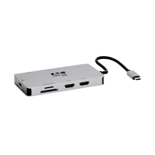 Tripp Lite U442-DOCK8G-GG USB-C Dock, Dual Display - 4K 60 Hz HDMI, USB 3.x (5Gbps) Hub Ports, GbE, Memory Card, 100W PD Charging, Gray