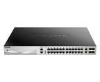 D-Link 24 x 10/100/1000BASE-T PoE ports (370W budget) Layer 3 Stackable Managed Gigabit Switch