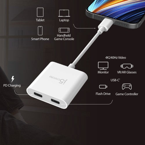 j5create USB-C to Dual USB-C with Video or Power Delivery