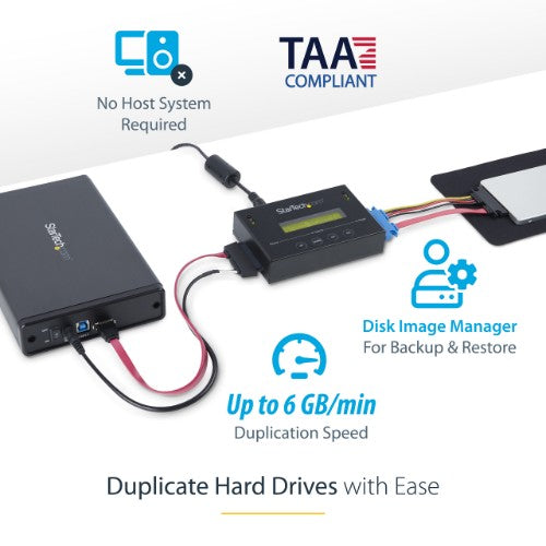 StarTech.com 1:1 Standalone Hard Drive Duplicator with Disk Image Manager For Backup and Restore, Store Several Disk Images on one 2.5/3.5" SATA Drive, HDD/SSD Cloner, No PC Required - TAA