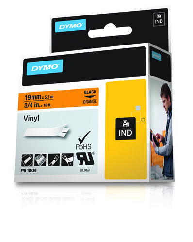 Dymo 18436/S0718500 Ribbon Vinyl black on orange 19mm x 5,5m for Dymo Rhino 6-19mm/24mm