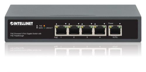 Intellinet 5-Port Gigabit Switch with PoE Passthrough, One IEEE 802.3bt (PoE++ / 4PPoE) PD PoE Port with 95 W Power Input, Four PSE PoE ports, PoE Power Budget up to 65 W, IEEE 802.3at/af Compliant Output, Desktop, Wall-mount Option (UK Power cord)